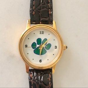 Paw Print Watch Gold Trim Brown Leather Strap